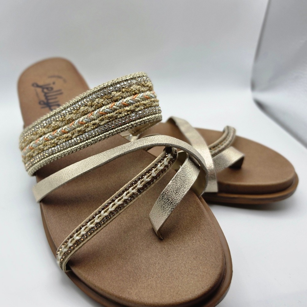 Jellypop Womens Gold Metallic Beaded Strappy Toe Loop Flat Slide Sandals